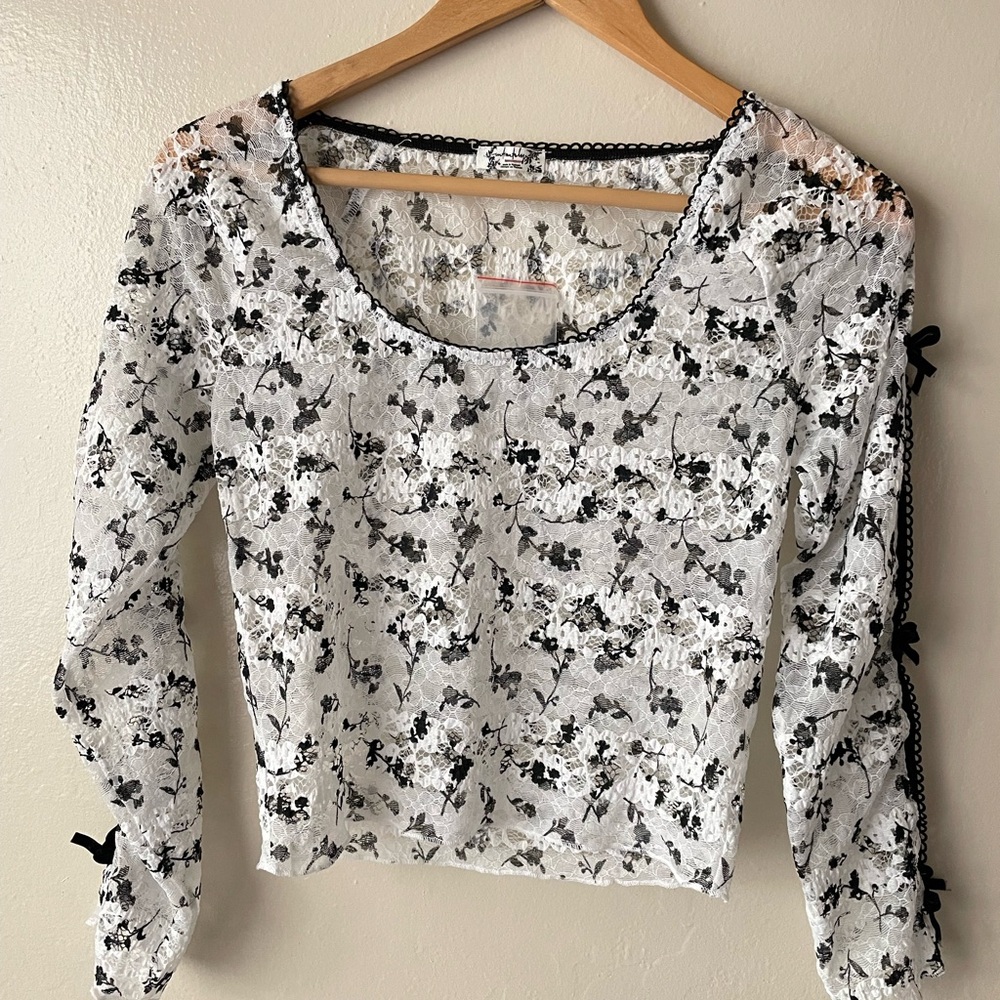 Free People floral Lace Sheer white black Loungewear top & bottom Set